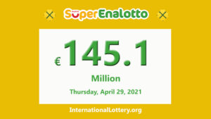 2021年4月27日超级博彩（SuperEnalotto）的彩票结果；头奖增至1.451亿欧元。